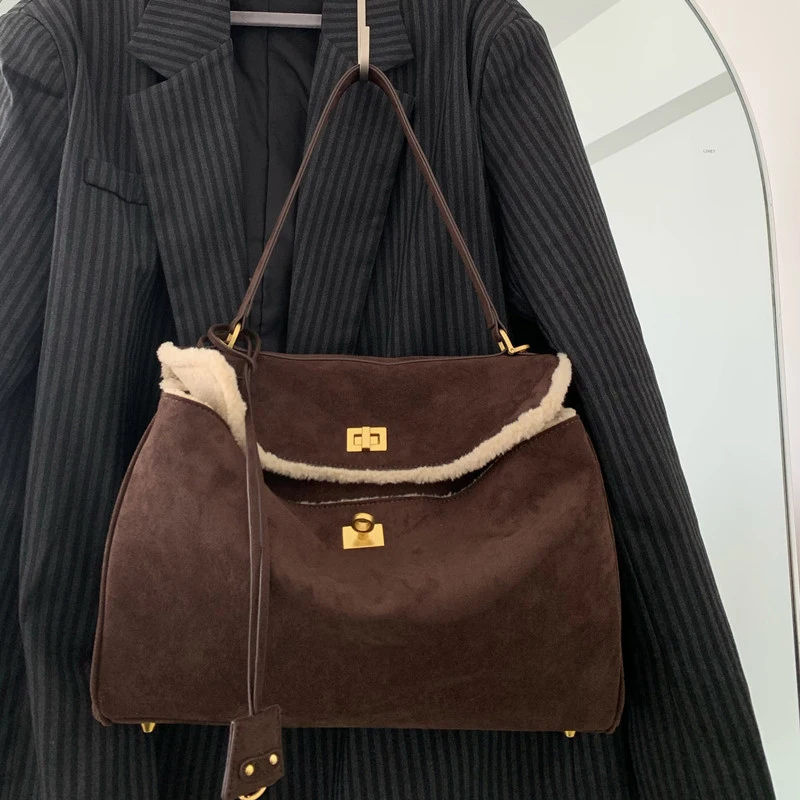 Fashion Suede Design Women's Large Capacity Tote Bag Warm Raw Edge Ladies Shoulder Bag 2024 Winter Vintage Brown Crossbody Bag