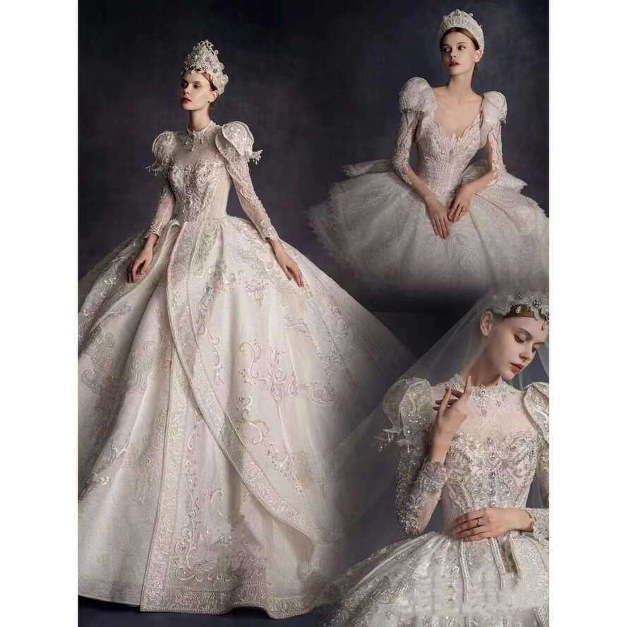Custom Made Ball Gown Wedding Dresses Glitter Dubai Arabia Jewel Long Sleeves Beads Appliqued Crystal Bridal Gowns Real Images