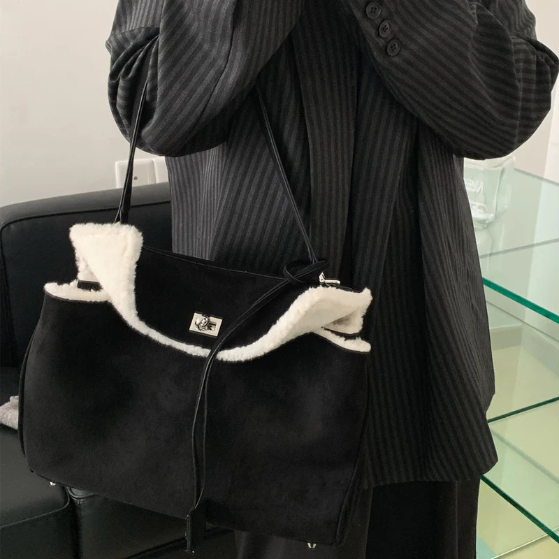 Fashion Suede Design Women's Large Capacity Tote Bag Warm Raw Edge Ladies Shoulder Bag 2024 Winter Vintage Brown Crossbody Bag