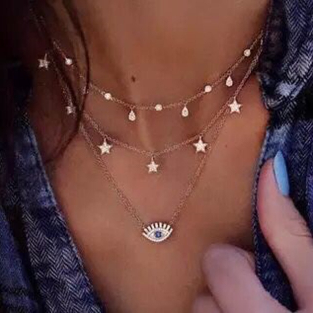 Retro Fashion Personality Full Diamond Eyes Set with Diamond Pentagram Necklace Multi-layer Water Droplet Star Flat Diamond Necklace for Women
