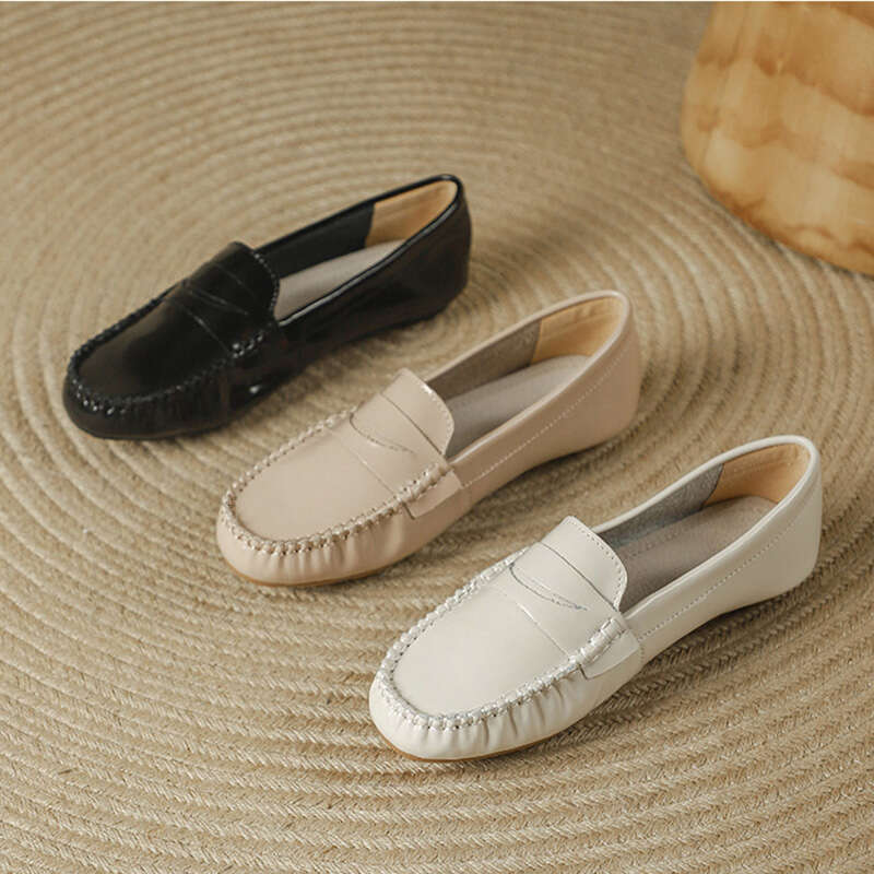 Spring Autumn Cow leather flats shoes woman round toe slip on loafers comfy ladies work shoes genuine leather moccasins women