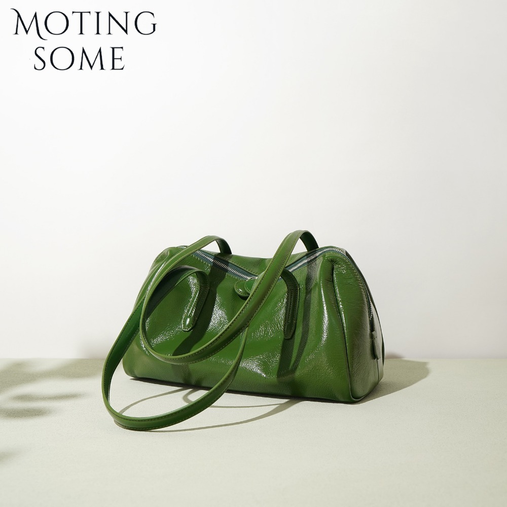 Motingsome Green Bags Retro Women Bag Oil Wax Cowhide Leather Handbag Vintage Boston Pillow Lady Daily Purses