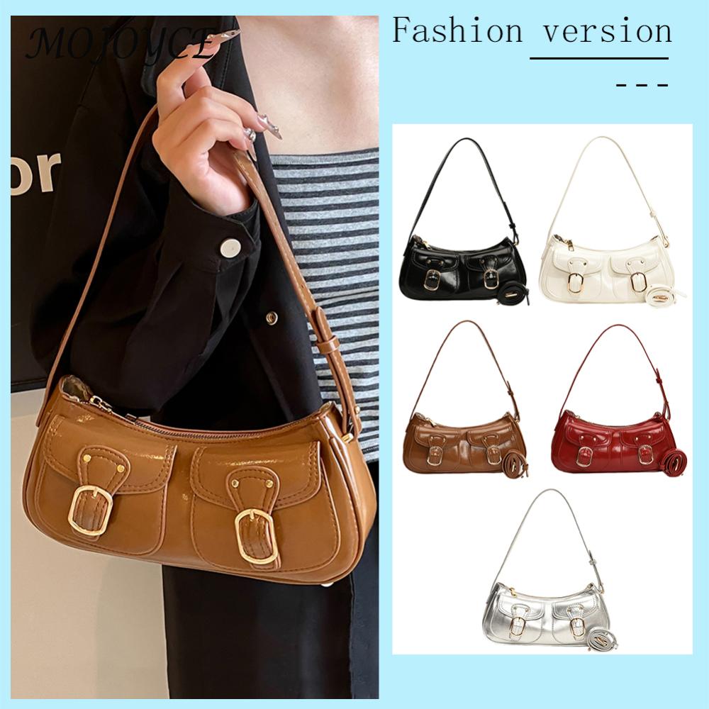 Women Double Pockets Shoulder Bag PU Leather Fashion Crossbody Bag Adjustable Strap Small Pocket Underarm Bag Ladies Daily Bag