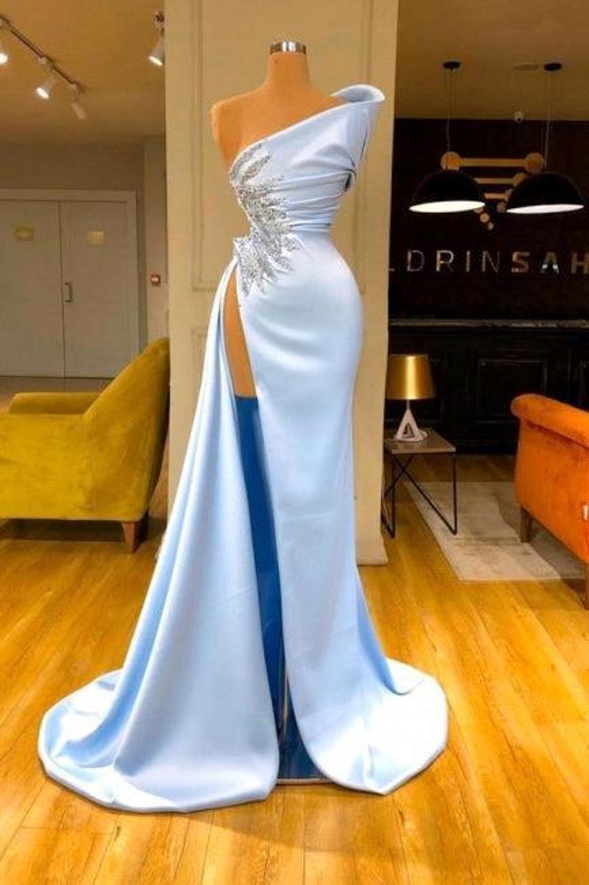 Light Blue Split Evening Dresses New Sexy One Shoulder Waist Peplum Beads Crystals Formal Occasion Prom Party Gowns BC18482