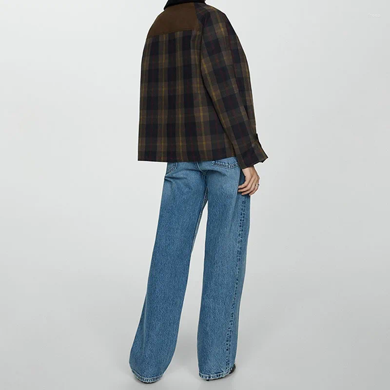 Women's Jackets Plaid Polo Neck Jacket Women Long Sleeved Splicing Corduroy Lapel Zipper Street Trends Autumn Retro Coat American Fashion
