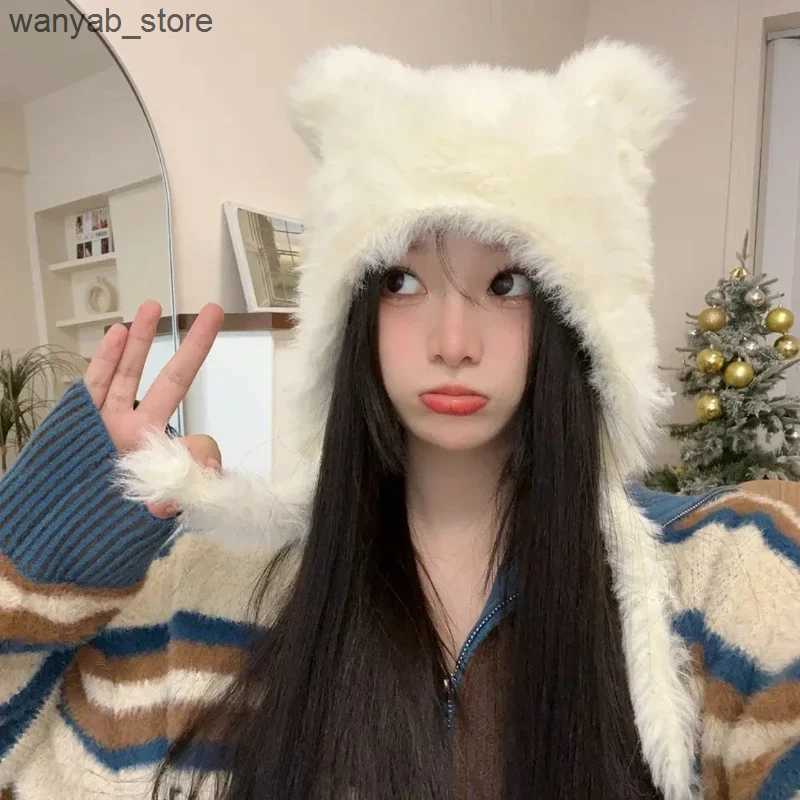 Beanie/Skull Caps Halloween Winter Plush Cute Cat Ears Beanies Women Pullover Hats Korean Ear Protection Strap Beanies Hat with Earflap Y2k Girl L2409