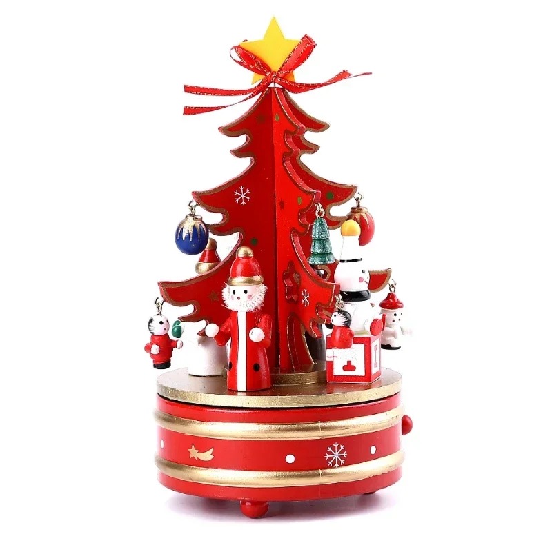 Christmas Wooden Music Box, Rotating Carousel Musicbox for Kids Gifts Xmas Tree Decoration