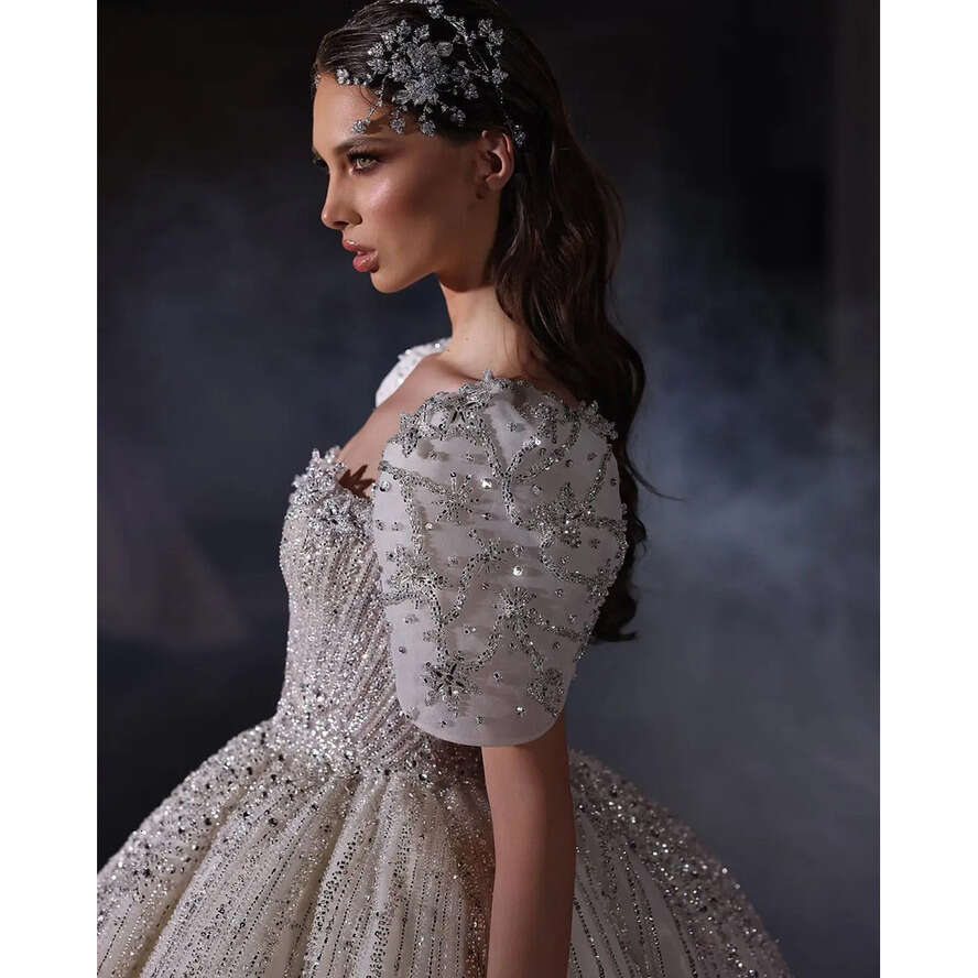 Bride Sparkly Crystal Sequins Dresses Shiny Rhie Square Wedding Dress 2024 Court Train