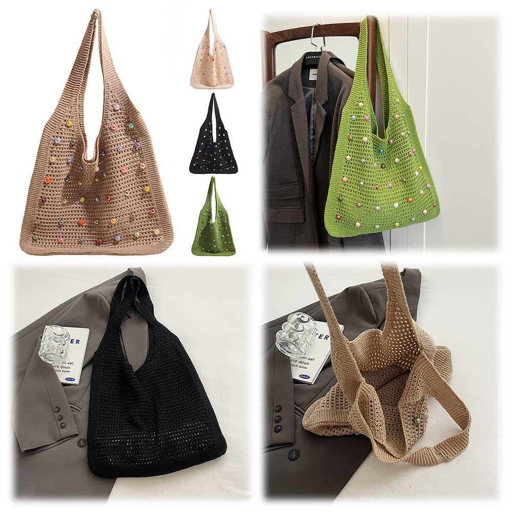 Women Crochet Shoulder Bag Simple Commuting Bag Large Capacity Fashion Tote Handbags with Colorful Pearls Outdoor Travel Bag