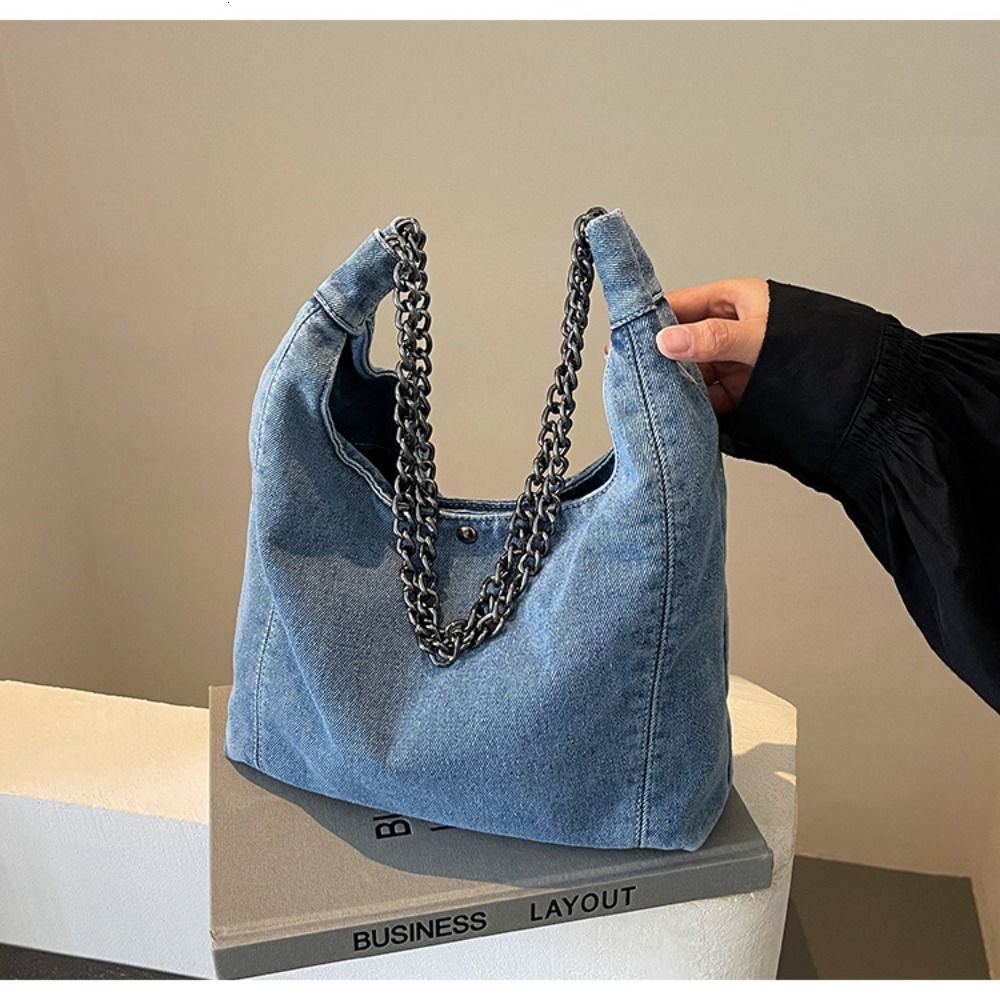 Japanese Style Fabric Washed Denim Metal Chain Shoulder Strap Ladies Handbag High-Capacity Shopping Tote For Girls