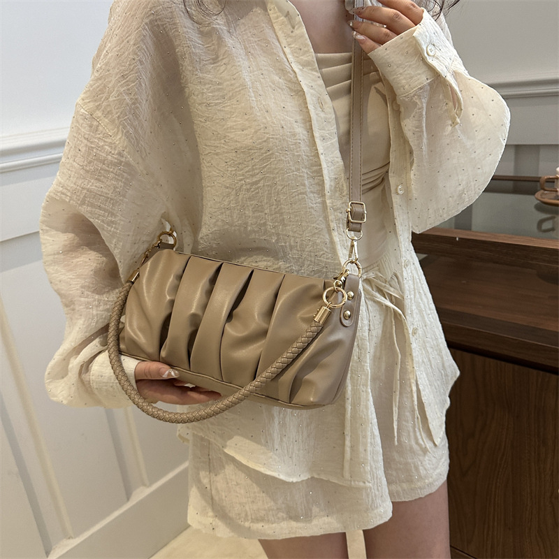 2024 New Fashion Handbag Pure Color PU Pleated Bag Female Casual Simple Commuting Large Capacity Shoulder Crossbody Bag