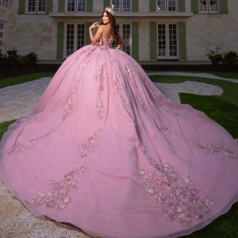 Pink Shiny Ball Gown Quinceanera Dresses Off The Shoulder Appliques Lace Beading Crystal Tull Sweet 16 Dress Vestido De 15 Anos