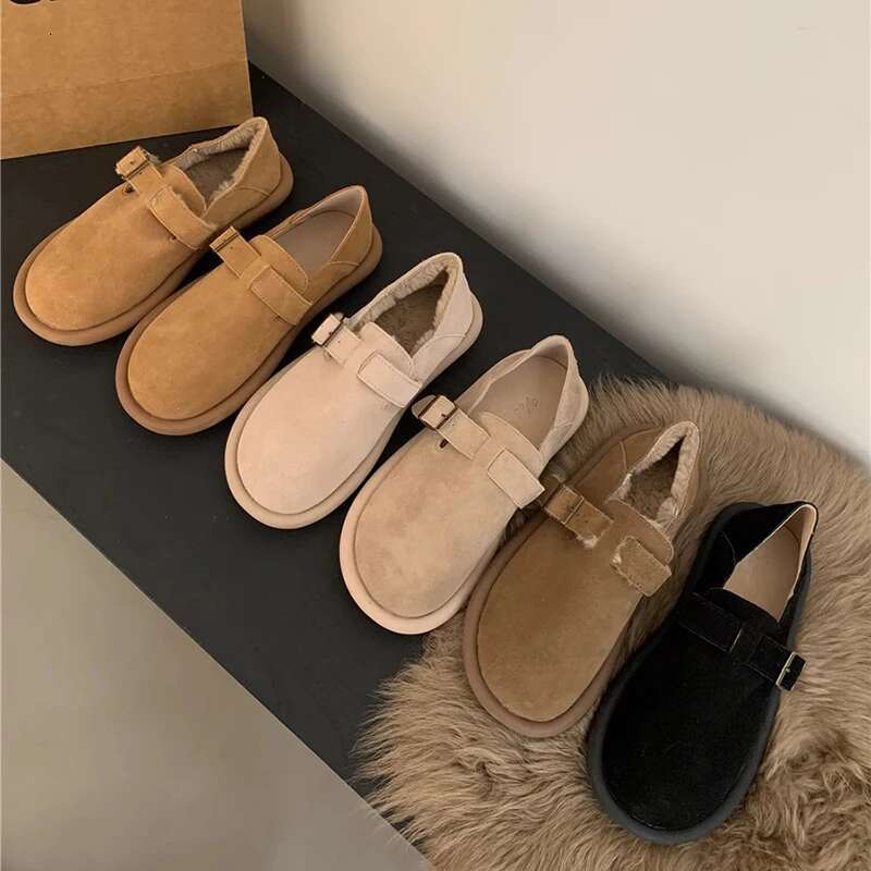 Autumn Winter Warm Fur Women Flats Fashion Shallow Vintage Ladies Comfort Soft Sole Mary Jane Shoes