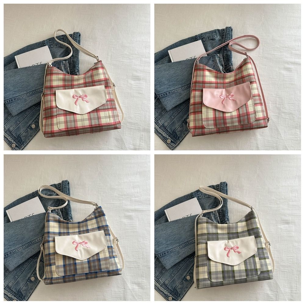 Trendy Korean Style Bowknot Shoulder Bag Sweet Adjustable Strap Lattice Tote Bag Elegant Large Capacity Student Backpack Female