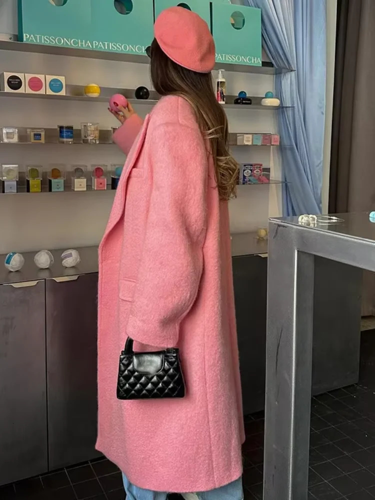 Women Elegant Pink Lapel Woolen Coat Fashion Long Sleeve With Pocket Warm Overcoat 2024 Autumn Winter Lady Casual Outerwear 241107