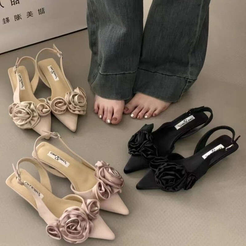 Women Sandal Fashion Flower Ladies Elegant Dress Slingback Shoes Thin Low Heel Dress Mules Pumps