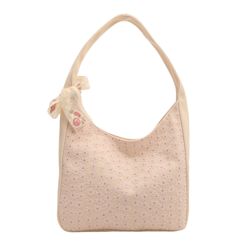 Women Floral Shoulder Bag Simple Tote Handbag Large Capacity Stylish Tote Purse with Ribbon Canvas Hobo Bag Outdoor Travel Bag