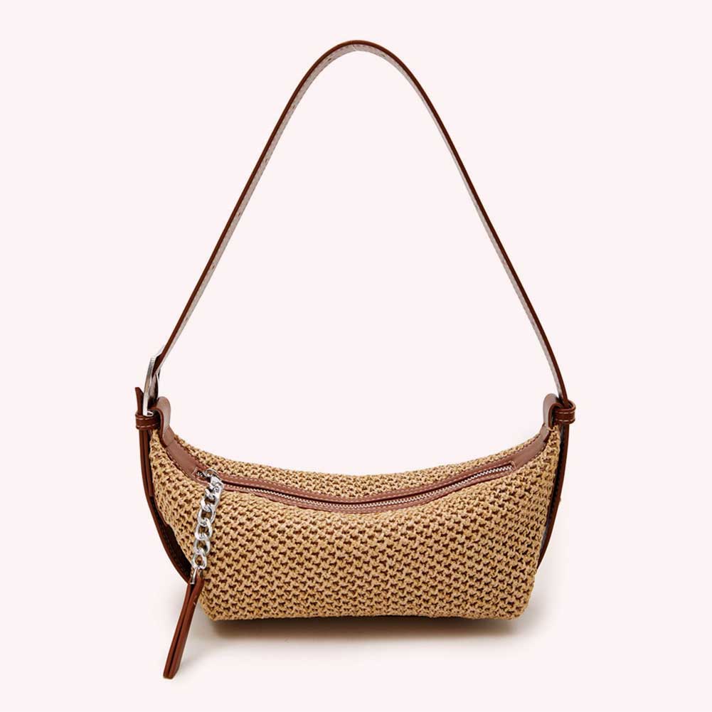 Women Straw Dumpling Bag Adjustable Strap Vintage Shoulder Bag Contrast Color Retro Straw Sling Bag Ladies Summer Daily Bag
