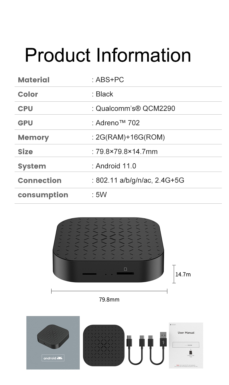 TBOX-BASIC Carplay ai box with android Qualcomm Snapdragon SDM2290 OPEN android 11 2gb 16gb carplay adapter youtube netfli-x carplay/android auto car 