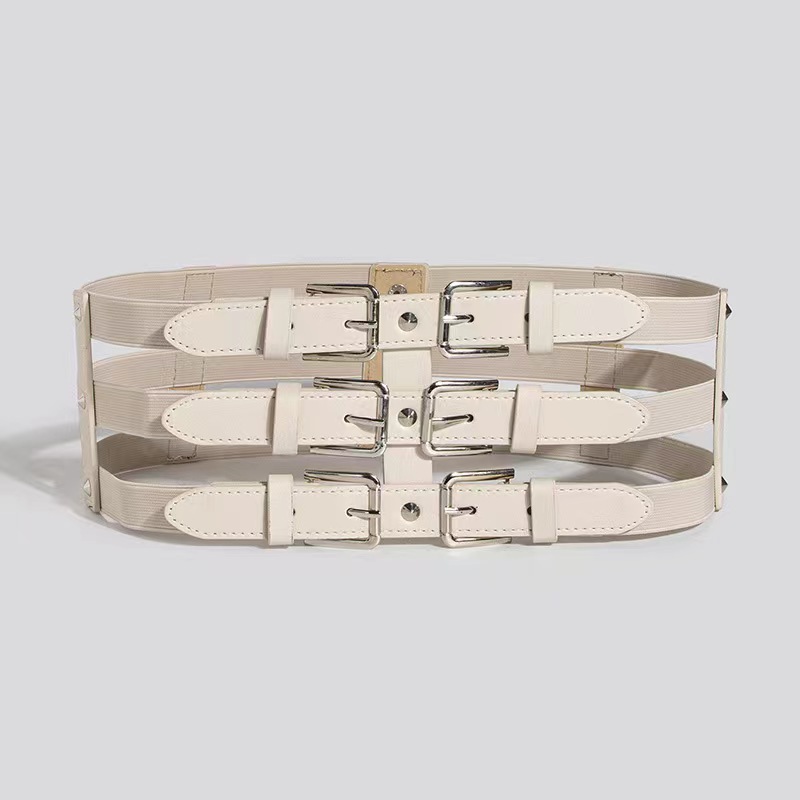 Factory direct wide belt new elastic hollowing girdle fashion versatile three rows of buttons splicing adjustable