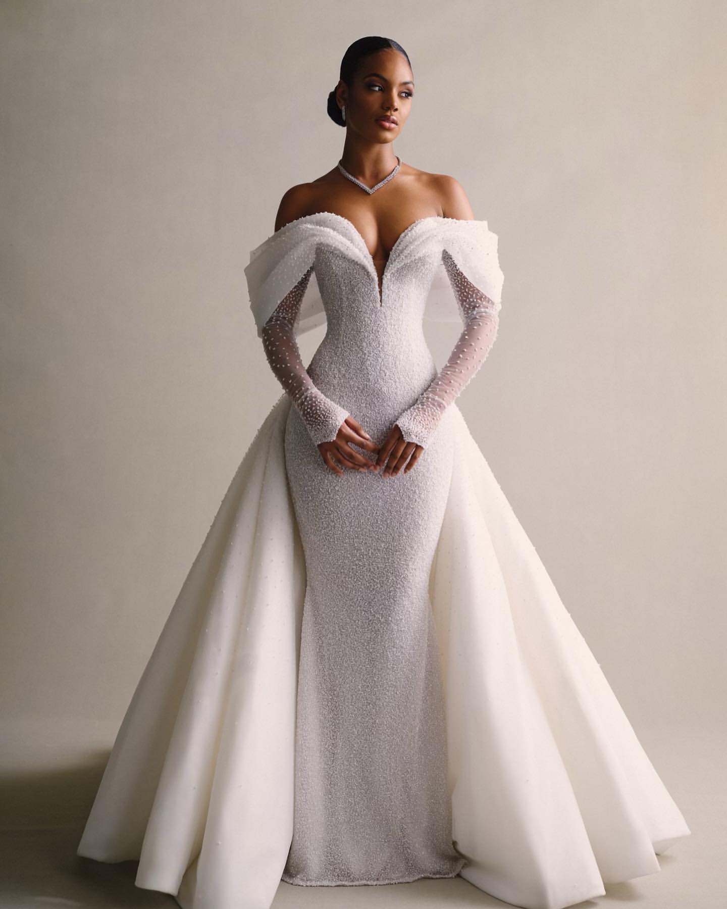 Beaded Mermaid Wedding Dress with Off-Shoulder Sleeves & Sweep Train - 2025 Bridal Gown