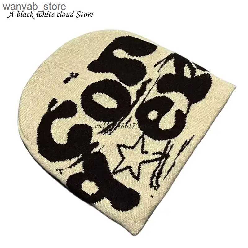 Beanie/Skull Caps Knit Beanie Hat for Women Y2K Fashion Letter Hat Handcrochet Jacquard Hat Girl Soft Hat Female Men Unisex Warm Headwear L240910
