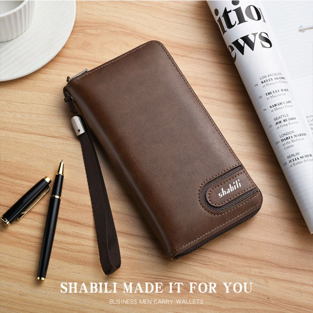 Portable Waterproof Men's Long Wallet with Zipper Oil Wax Leather 2 Fold Wallet Leisure Durable Card Wallet Outdoor