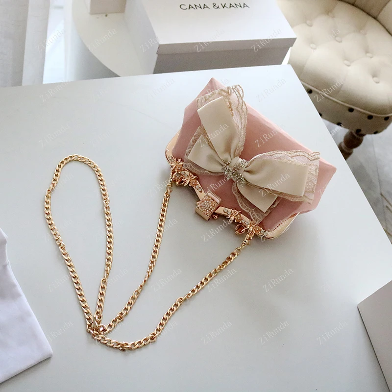 Light pink foreign style fairy bow bag chain autumn new versatile sweet shoulder crossbody portable
