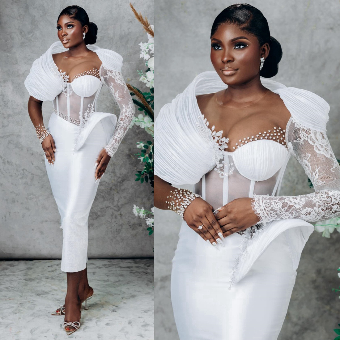Aso Ebi Mermaid Dress Bride Short Illusion Bridal Beaded Lace Long Sleeves Wedding Gowns For African Nigeria Black Women Girls D190 407