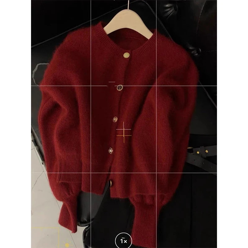 Vintage Cropped Knitted Cardigan Women Korean Long Sleeve Sweater Outerwears Winter Ladies Elegant Chic Knitwear Casual Jumpers 241108