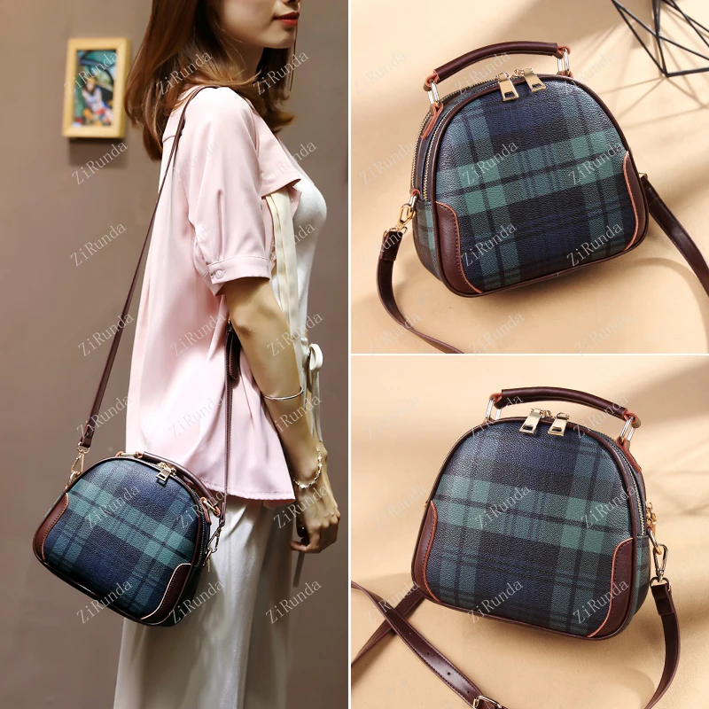 Leather bag women's new versatile fashion handbag plaid small round Korean shoulder messenger bag