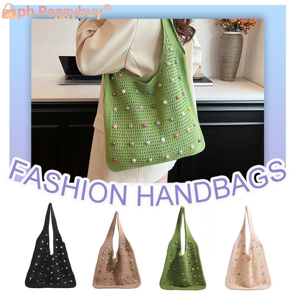 Women Crochet Shoulder Bag Knitted Tote Bag Large Capacity Fashion Tote Handbags with Colorful Pearls Outdoor Travel Bag