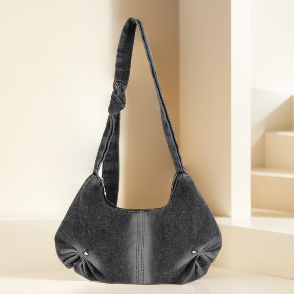 Denim Pleated Shoulder Bag Women Large Capacity Crossbody Bag Knotted Strap Underarm Bag Zipper Hobo Bag for Commuting Travel