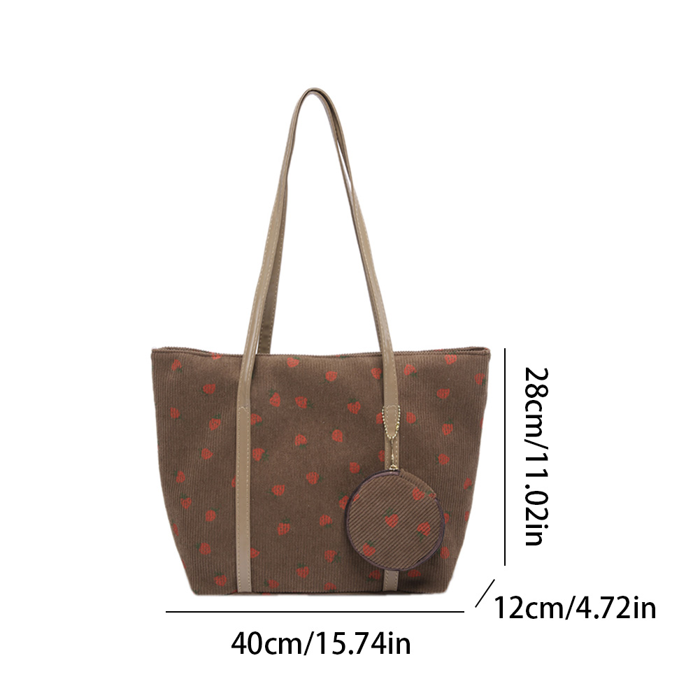 Women Corduroy Shoulder Bag Strawberry Pattern Tote Bag with Round Pouch Chic Hobo Bag Casual Tote Purse Fashion Shopper Bag
