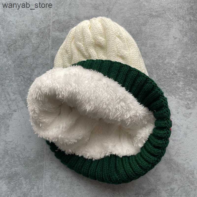 Beanie/Skull Caps Simple Winter Womens Knitted Hat Plus Velvet Warm Beanie Striped Twist Wool Mens Pullover Cold Hats L240910