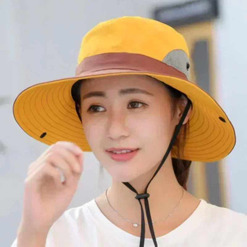 Womens UV Protection Wide Brim Sun Hats Cooling Mesh tail Hole Cap Foldable Travel Outdoor Fishing Hat 240403