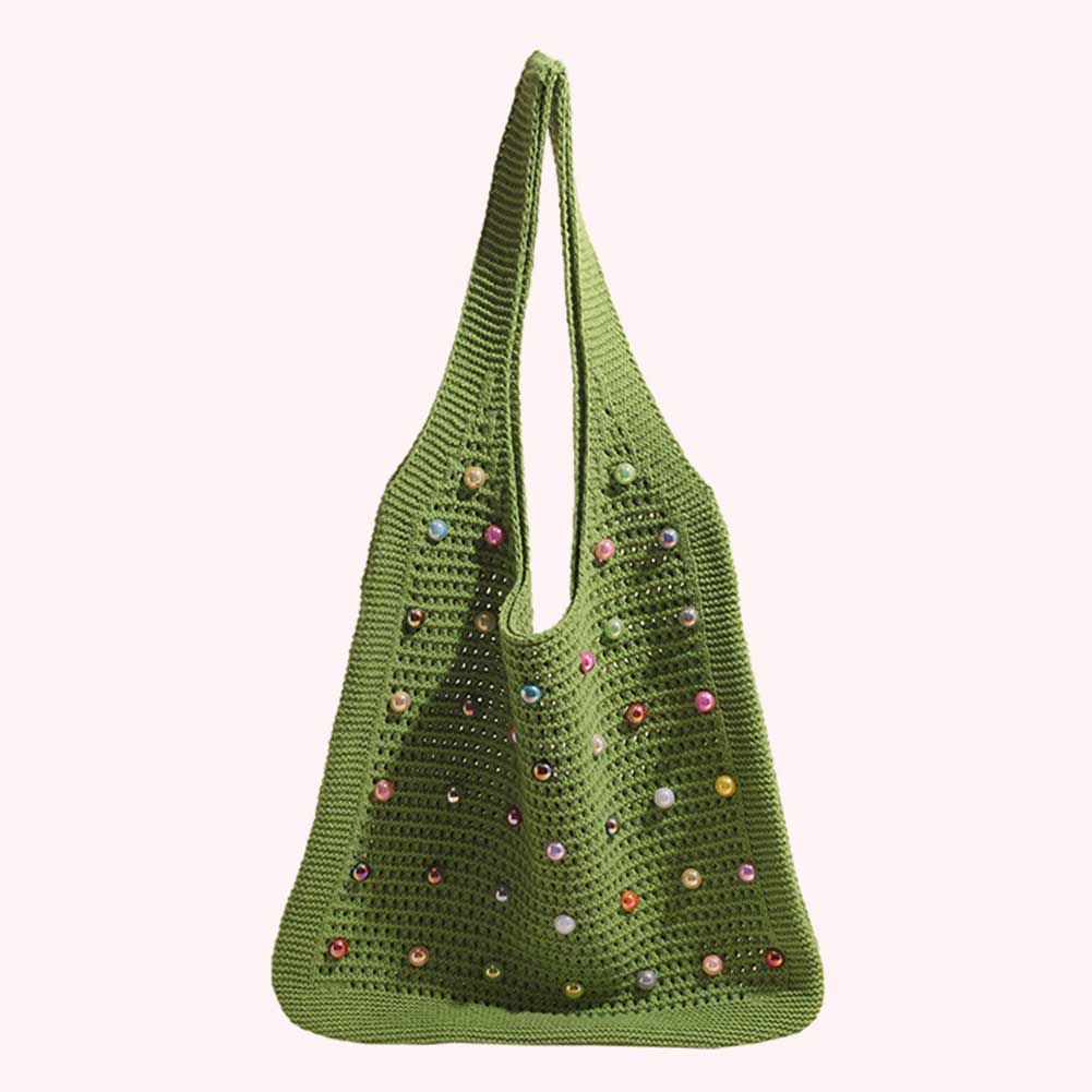 Women Crochet Shoulder Bag Simple Commuting Bag Large Capacity Fashion Tote Handbags with Colorful Pearls Outdoor Travel Bag