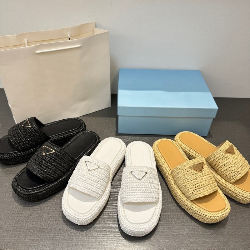 Designer Pradshoes man woman sandal triangle Straw weave Slipper platform Raffias Slippers Summer Flat Casual Flip flops outdoors pool Sliders beach Shoe with box