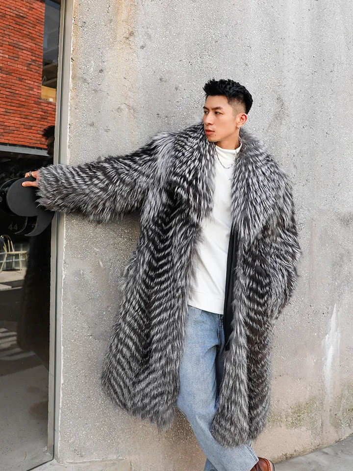 FURTJY Mens Fur Coat Real Fox Winter Mens Real Fox Style Silver Fur Coat 241107