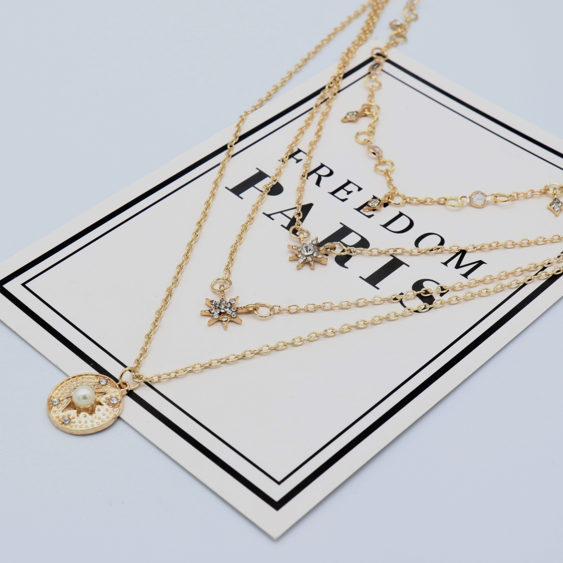 Cross Border New Full Diamond Star Necklace for Women Hot Selling Fashion Starry Flat Diamond Inlaid with Pearls Multi-layer Collarbone Chain