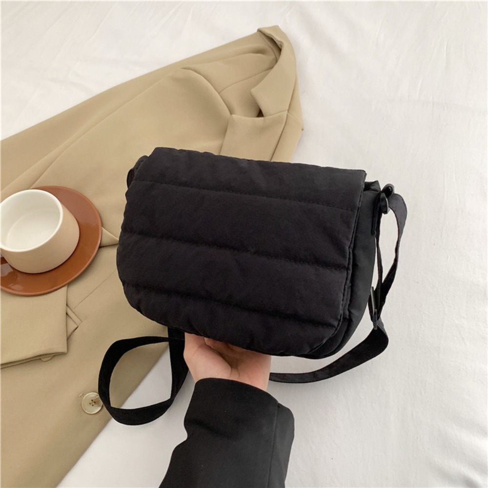 Small Quilted Cotton Shoulder Bag Nylon Wide Straps Puffer Tote Bag Flip Up Solid Color Puffy Handbag School