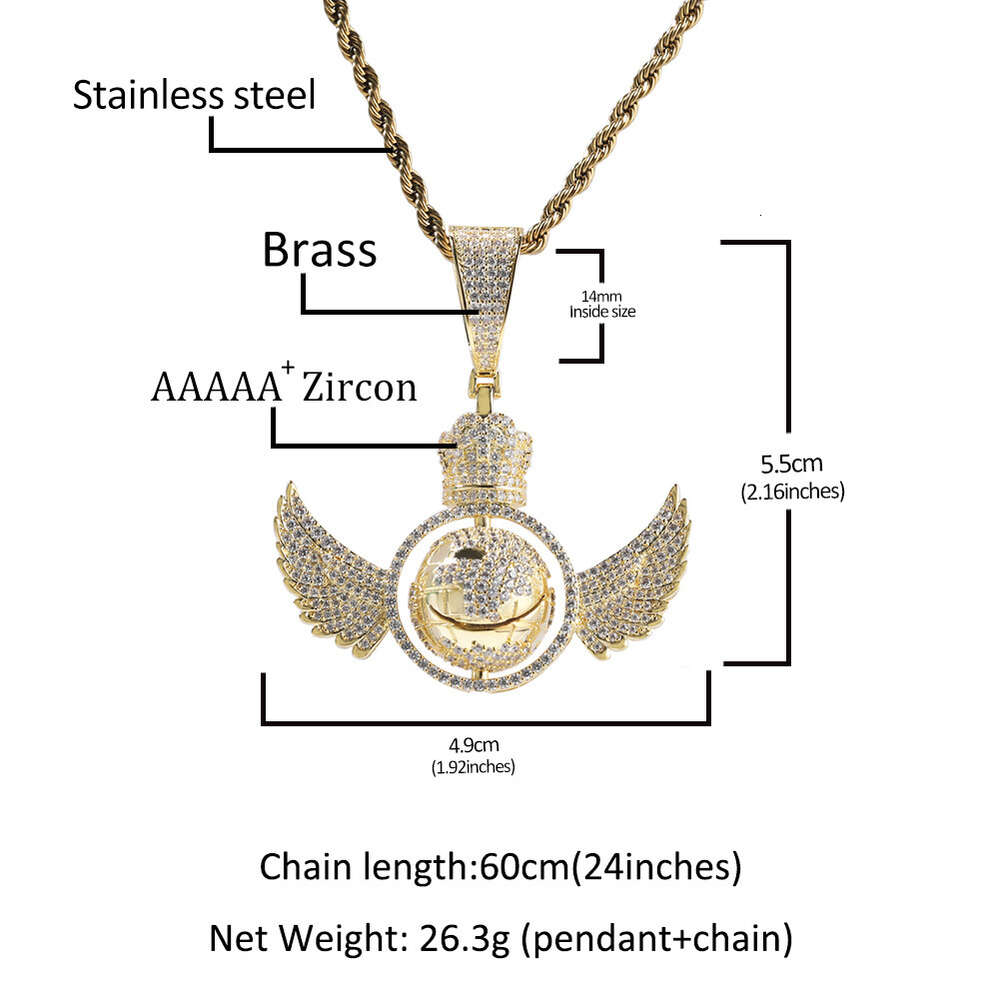 New Hiphop Rotating Globe Pendant Angel Wings Necklace Niche Design Hip-hop Style Earth Charm Trend Real Gold Iced Out Gemstone Rapper Collar Top Qual
