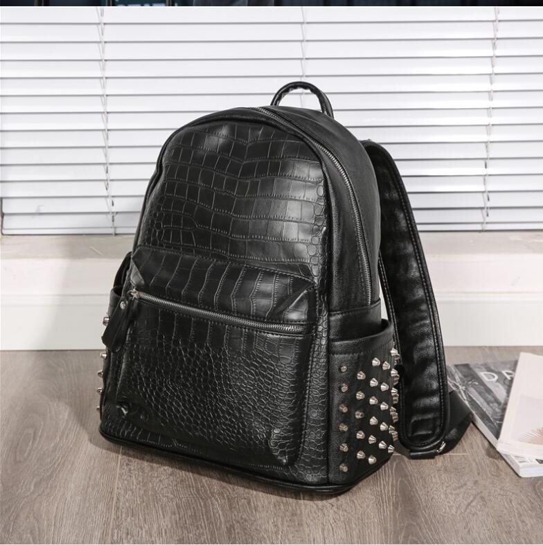 wholesale brand men bag personality rivet punk backpack crocodile pattern fashion student bags street fashions crocodiles patterns rivets backpack 6692