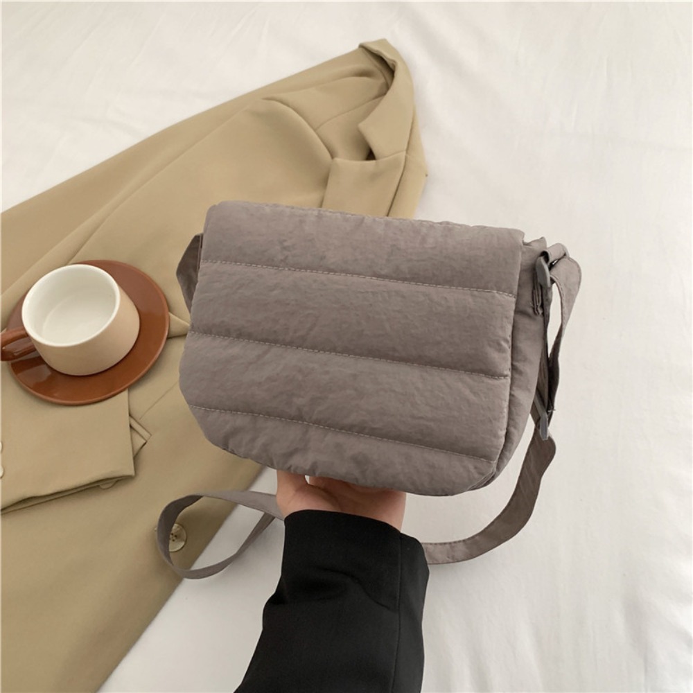 Small Quilted Cotton Shoulder Bag Nylon Wide Straps Puffer Tote Bag Flip Up Solid Color Puffy Handbag School