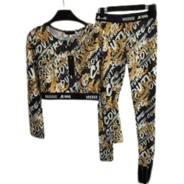 Vintage Pattern Tops Letter Pants Set Designer Long Sleeve T Shirt Elastic Trousers Two Colors