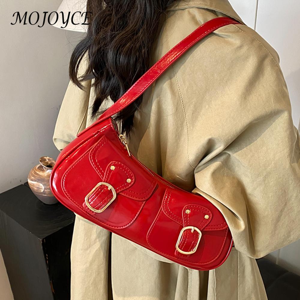 Women Double Pockets Shoulder Bag PU Leather Fashion Crossbody Bag Adjustable Strap Small Pocket Underarm Bag Ladies Daily Bag