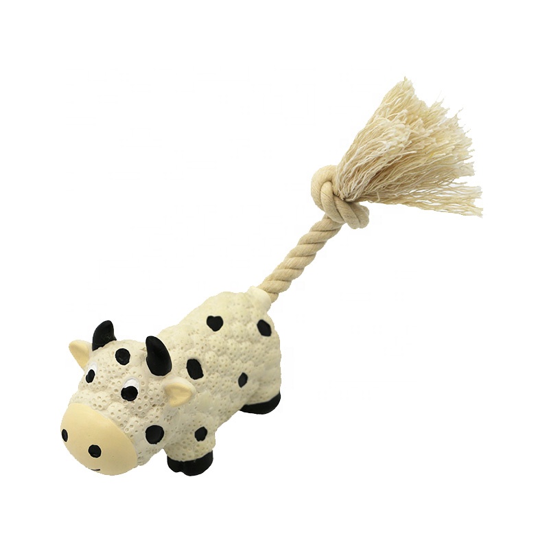 Hot Sale Interactive Pet Teeth Cleaning Toy Latex Cow Dog Chew Toy with Rope for Small Dog and Puppy