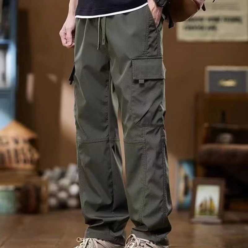 Mens Clothing Solid Color Pockets Elastic High Waisted Casual Retro Spring Autumn Vacation Trousers Cargo Korean Fashion Pants LX241107