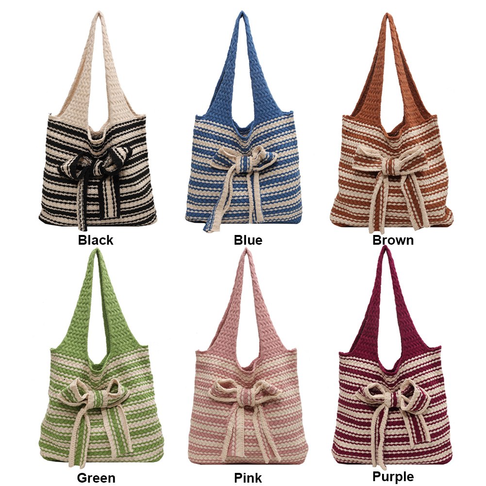Women Crochet Tote Bag Contrast Color Aesthetic Shoulder Bag Large Capacity Knitted Tote Handbag Woven Bag for Female
