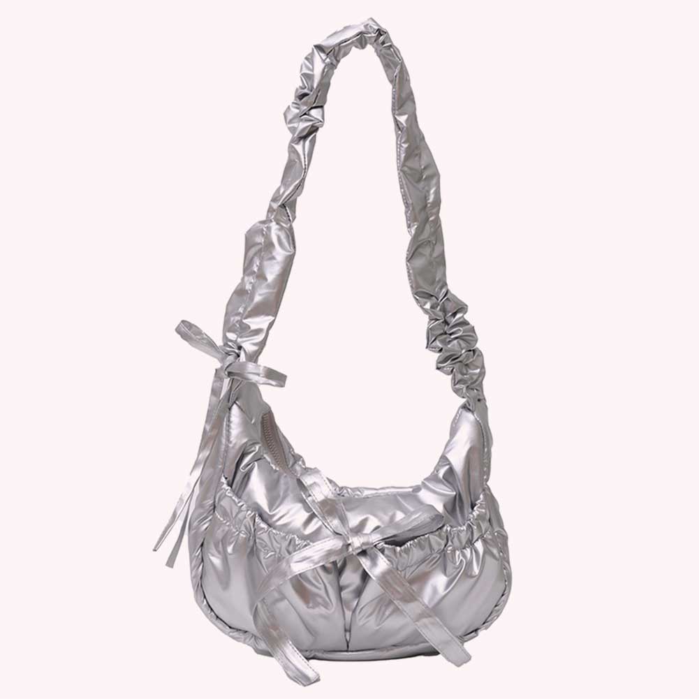 Women Chic Tote Handbag with Ruched Drawstring Strap Bow Casual Underarm Bag Solid Color Cute Sling Bag Female Daily Handbag